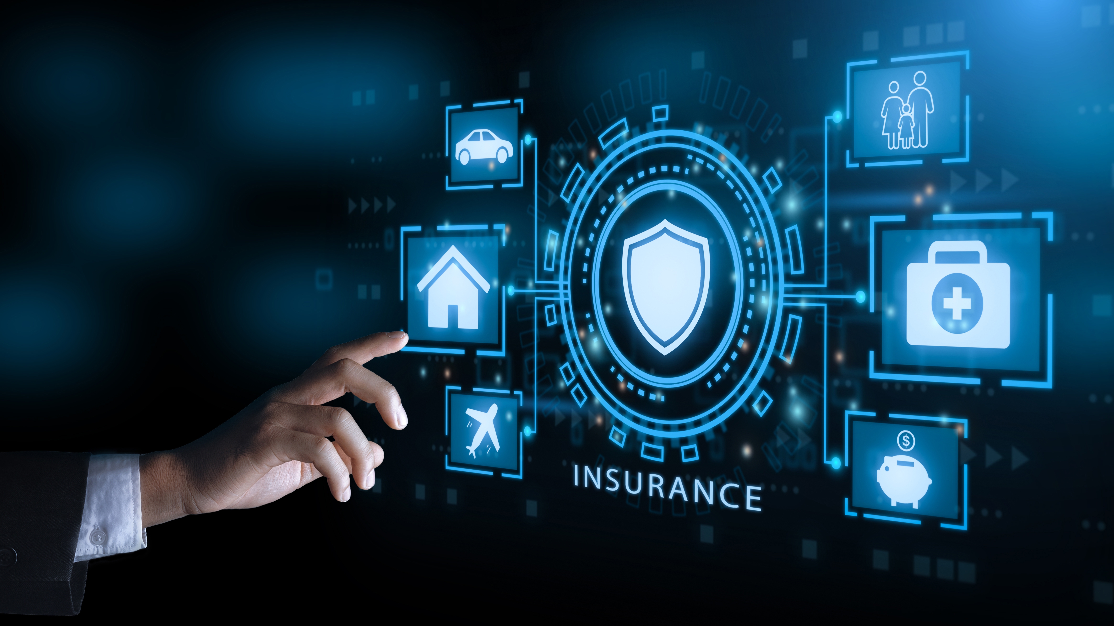 Businessman,Hand,Clicks,Insurance,Icons,To,Car,,Travel,,Family,And
